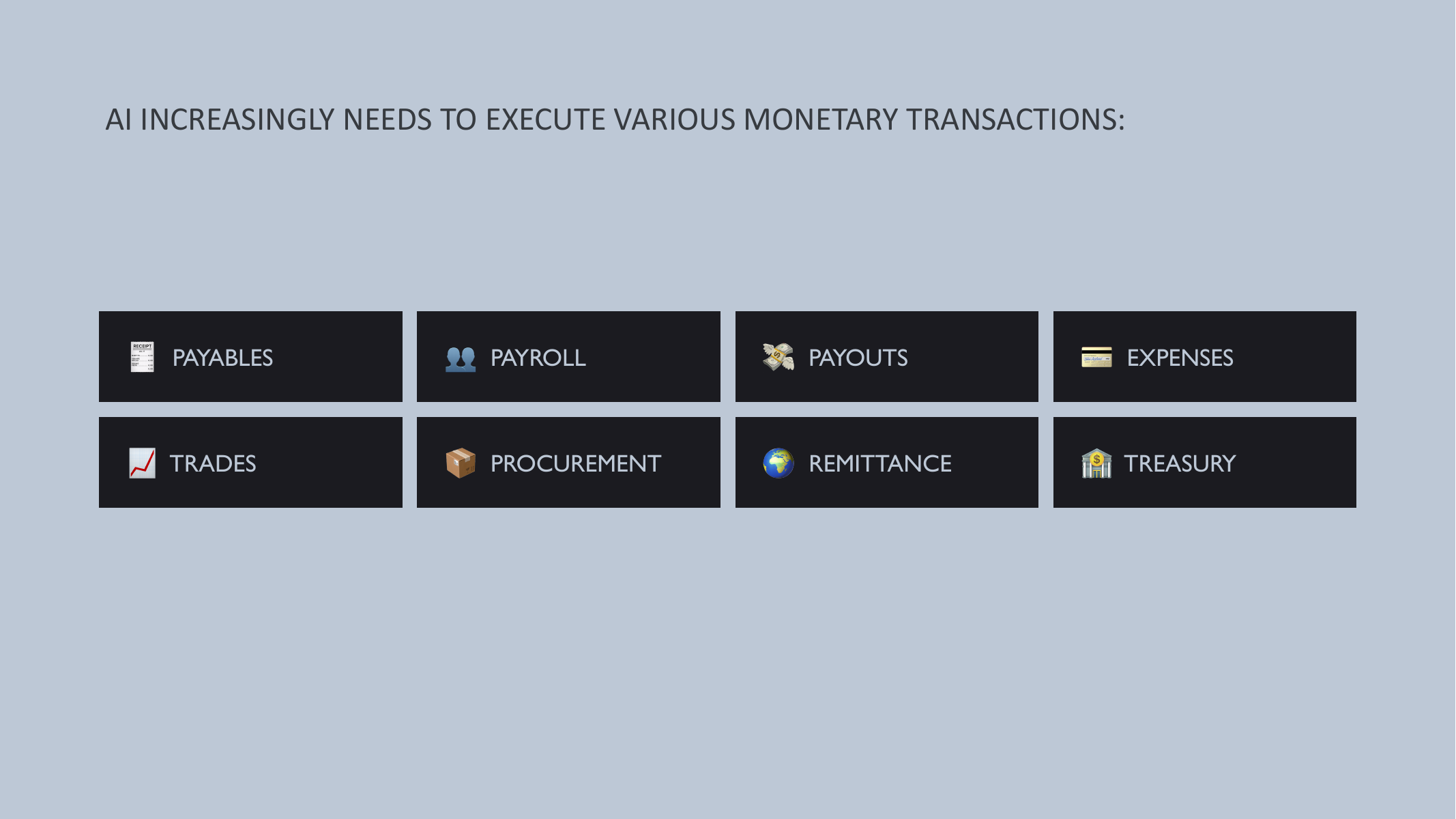 AI increasingly needs to execute various monetary transactions: payables, payroll, payouts, expenses, trades, procurement, remittance and treasury.
